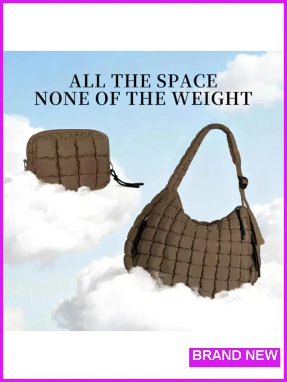 Quilted Puffer Tote Bag with Adjustable Strap and Detachable Pouch